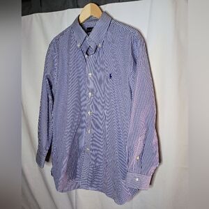 Ralph Lauren Blue White Stripe Dress Shirt 16.5/32-33 Easy Care Pony Logo